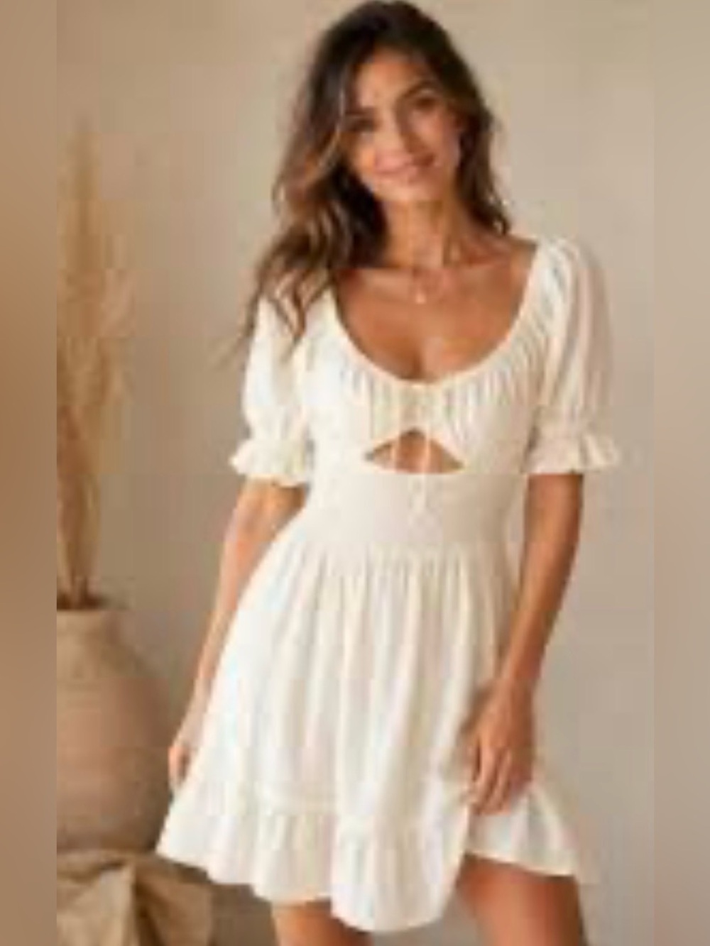SABO Kenz Smocked Bodice Puff Sleeve Keyhole Cut Out Cream Mini Dress